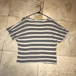 Anthropologie Madigan Stripe Top W Crochet Sleeves